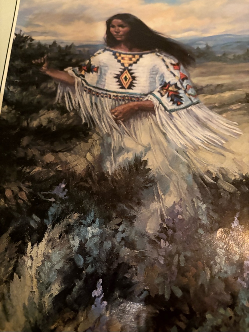 White and Cream Native-Inspired Woman in Fringe Poncho Art Print